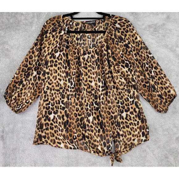 Express Shirt Womens Medium Leopard Print Retro Tie Waist Long Sleeve Blouse - Picture 1 of 11